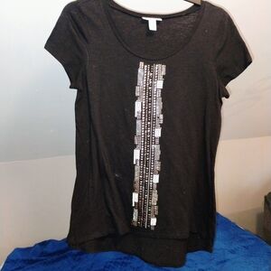 Style & Co. Black Short Sleeve Tee with Vertical Sequin Stripe